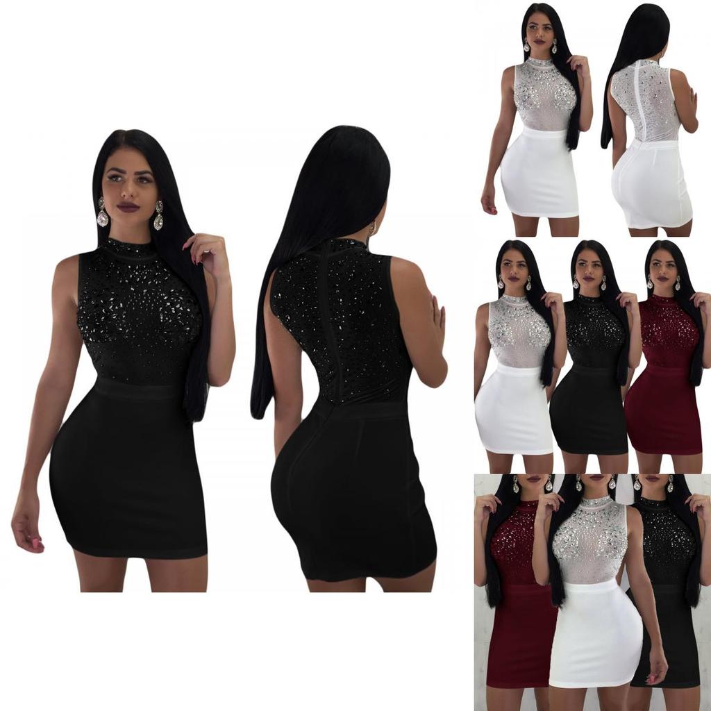 Elegant Sexy Shiny Women's Bodycon Dress With Diamond O Neck For Evening Embroidery