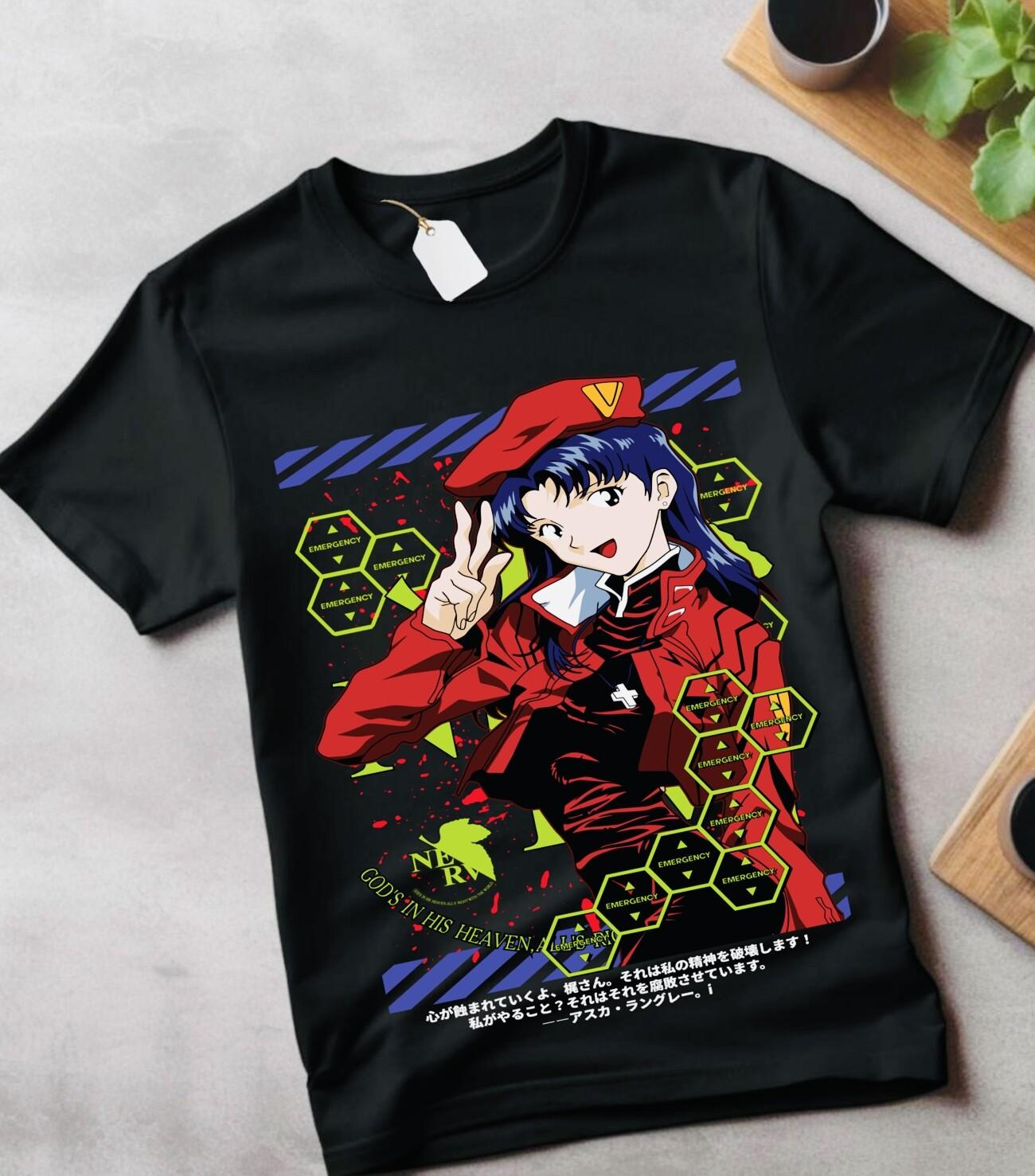 Misato Asuka T-Shirt Mens Womens Tees Top Neon Genesis Evangelion Kawai Anime Black Shirt gift 3XL