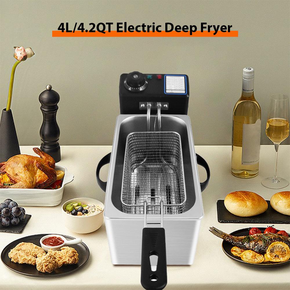 4L Electric Deep Fryer with Oil Filtration Basket 1400W 60-200℃ Auto Thermostatic French Fries Chicken Fish Fryer Pot Dishwasher