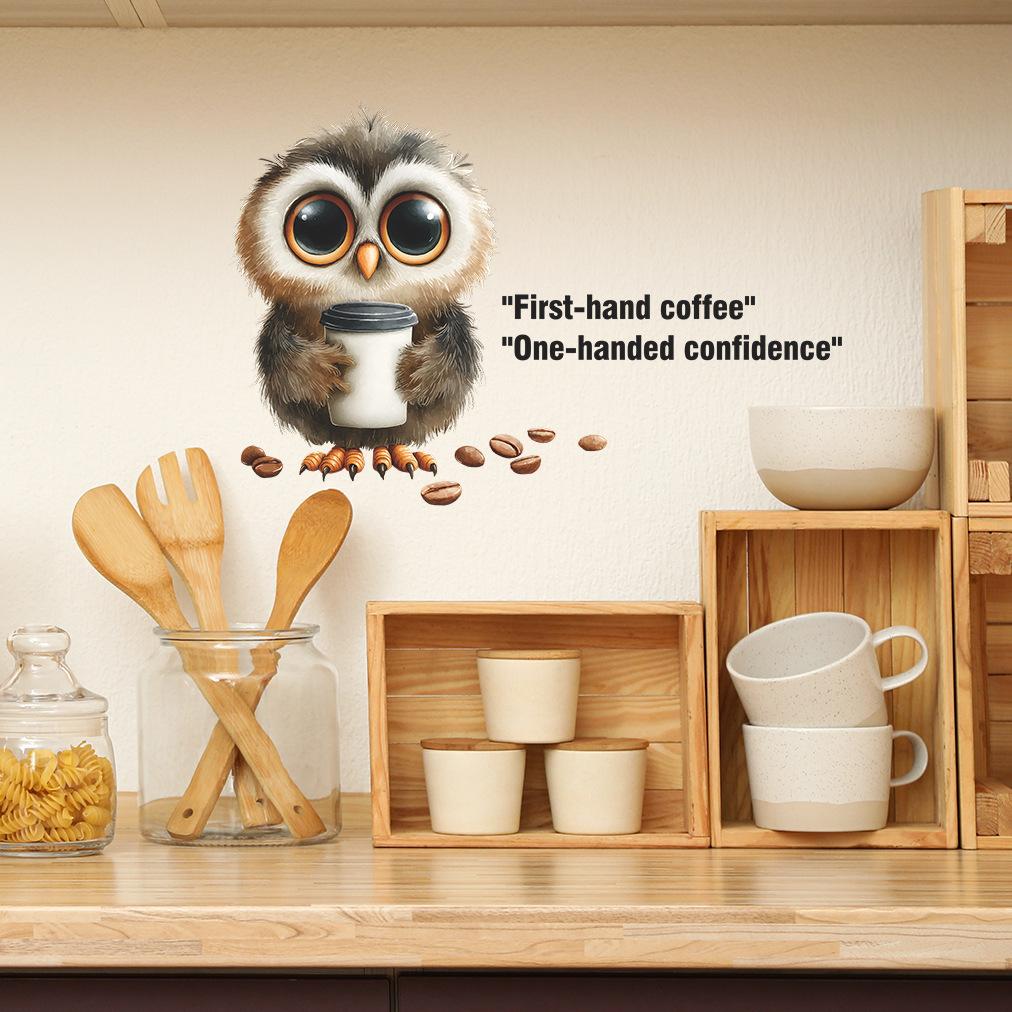 Cartoon Owl Drinking Coffee with Motivational Quote Cafe Wall Sticker Self-Adhesive Removable Decal