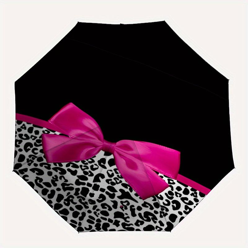 Women's Automatic Open/Close Umbrella with Shield & - Leopard Print Black Background, Pink Bow Accent - Automatic Folding, 8-R