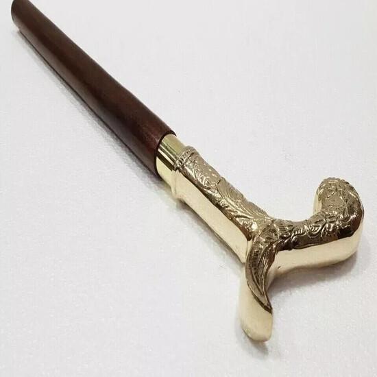 Antique Style Victorian Vintage Designer Brass Handle Cane Wooden Walking Stick