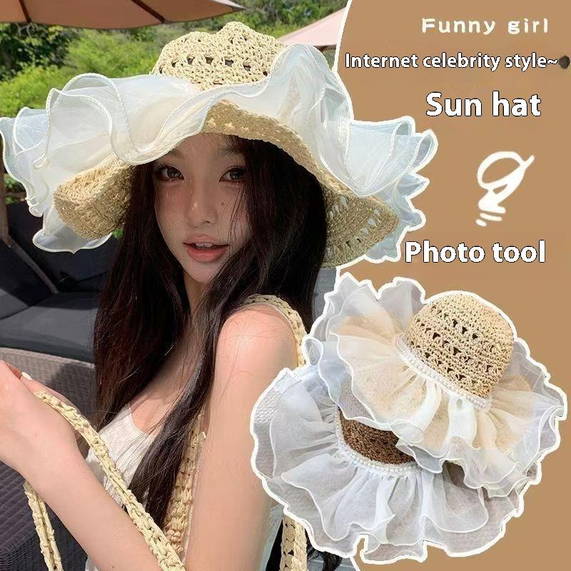 Summer Straw Hat Foldable Sun Hat Wide Large Brim Beach Hats  Holiday Straw Hat Beach Uv Protection Cap