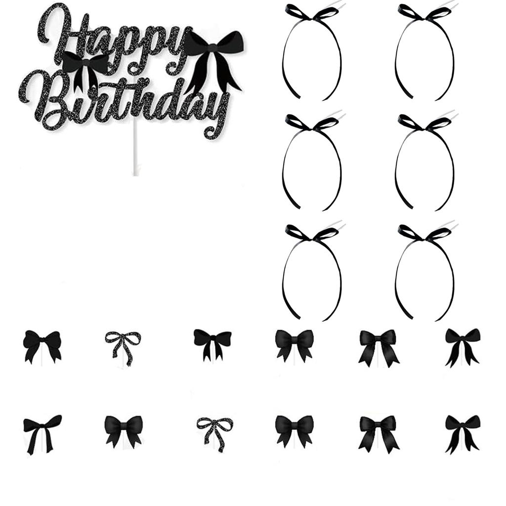 19 Pcs Bow Cake Decoration,Black Pink Blue Bow Birthday Cake Decorations, Ceremonial Birthday Decor,Bow Happy Birthday Cake Top