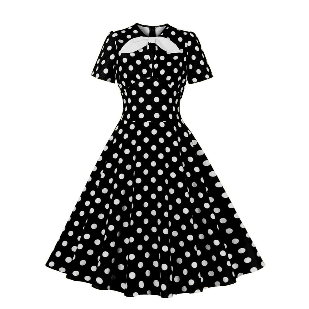 Women's Round Neck Bow Tie Polka Dot Short Sleeve Retro Swing Dress