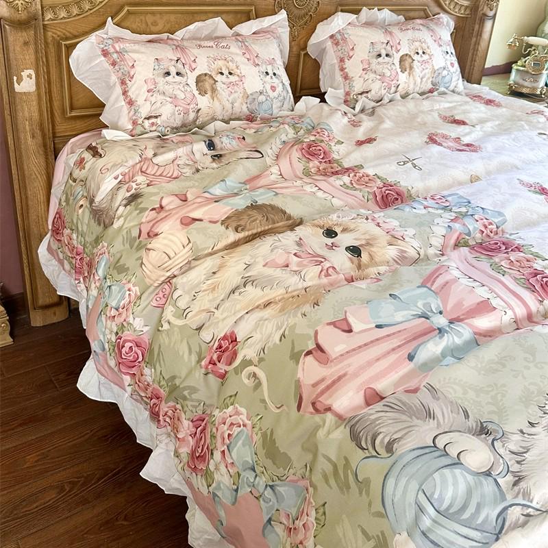 Cute Cartoon Lolita Pure Cotton Bedsheet and Duvet Cover Set – All-Cotton, Four-Piece Set