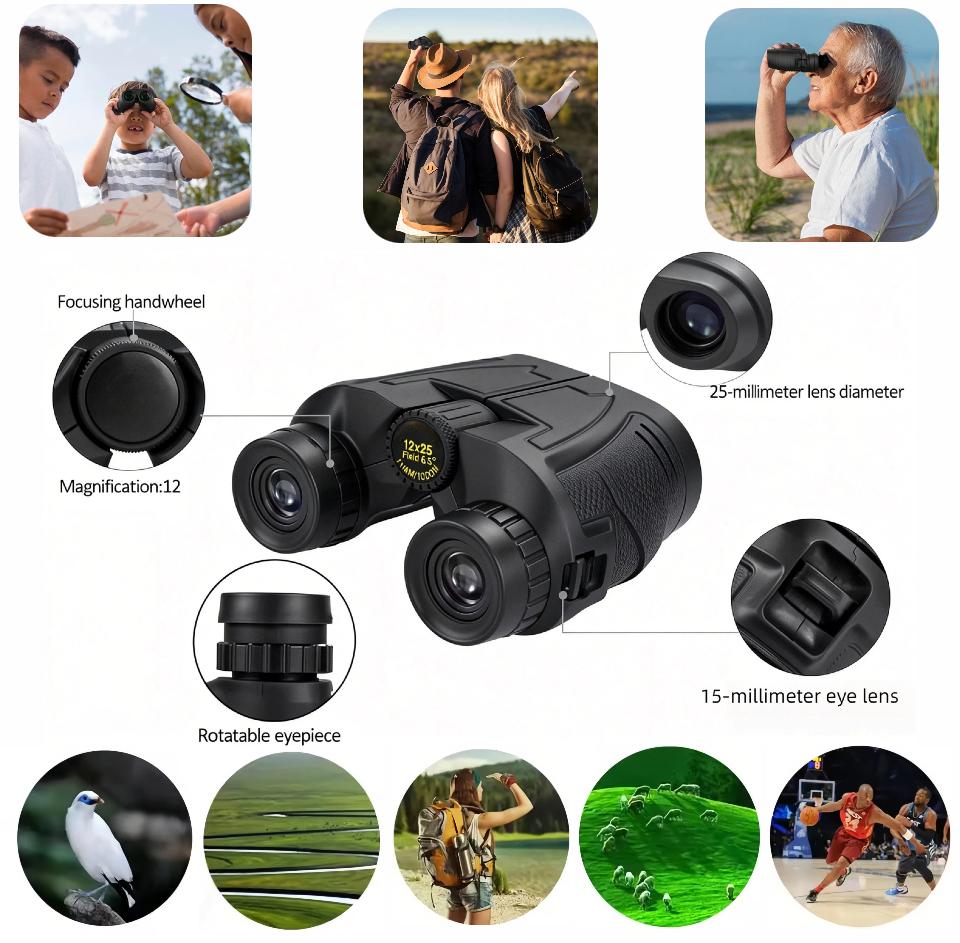 12x25 Compact Outdoor Binoculars Adults Kids Large Eyepiece Low Light Vision Easy Focus Portable Design Travel Sightseeing BAK4