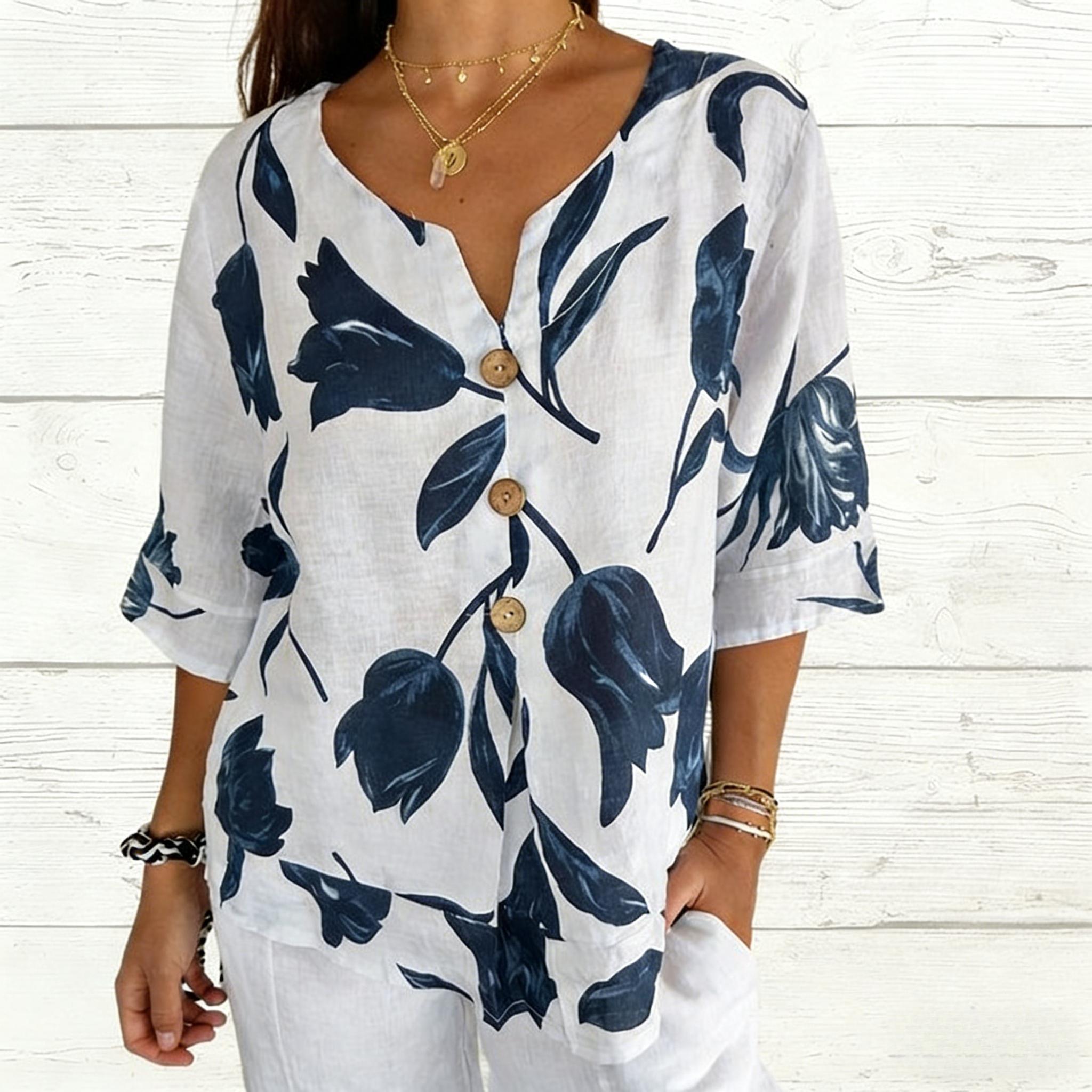 

Женская свободная футболка с цветочным принтом большого размера, с V-образным вырезом, коротким рукавом, повседневная блузка оверсайз для женщин, летняя одежда S белый