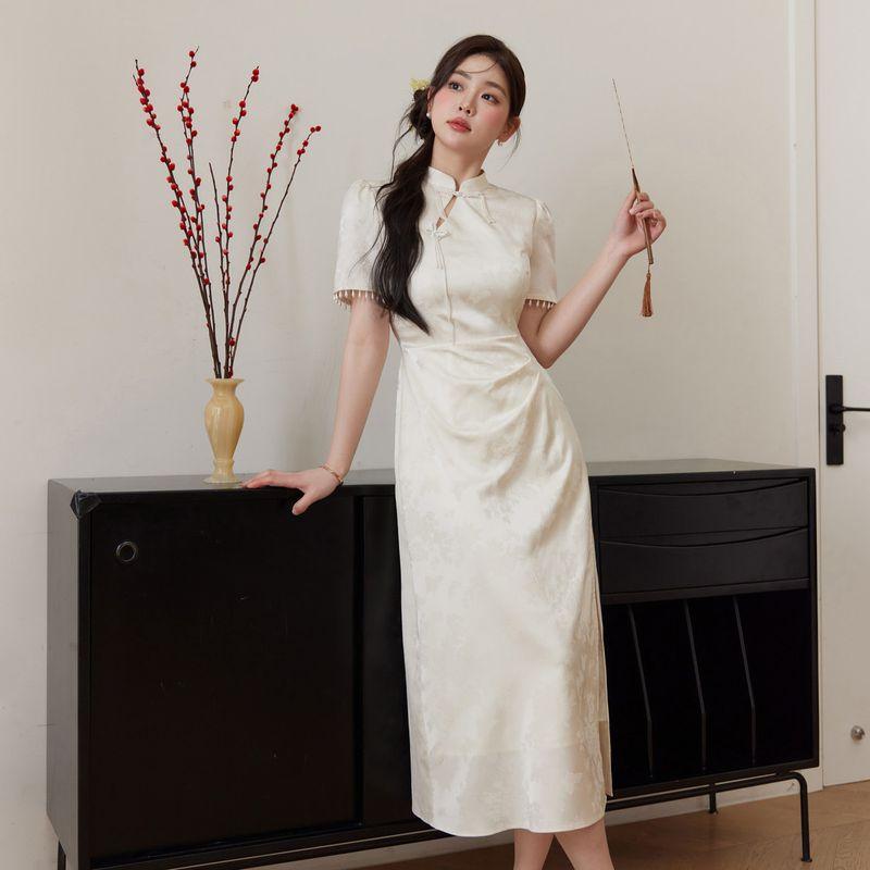 

Lan Yu Plus Size Women s Plus Size Ladies National Style Jacquard Cheongsam Dress Almond(Pre-Sale) 2XL([Recommendation 70-80kg])