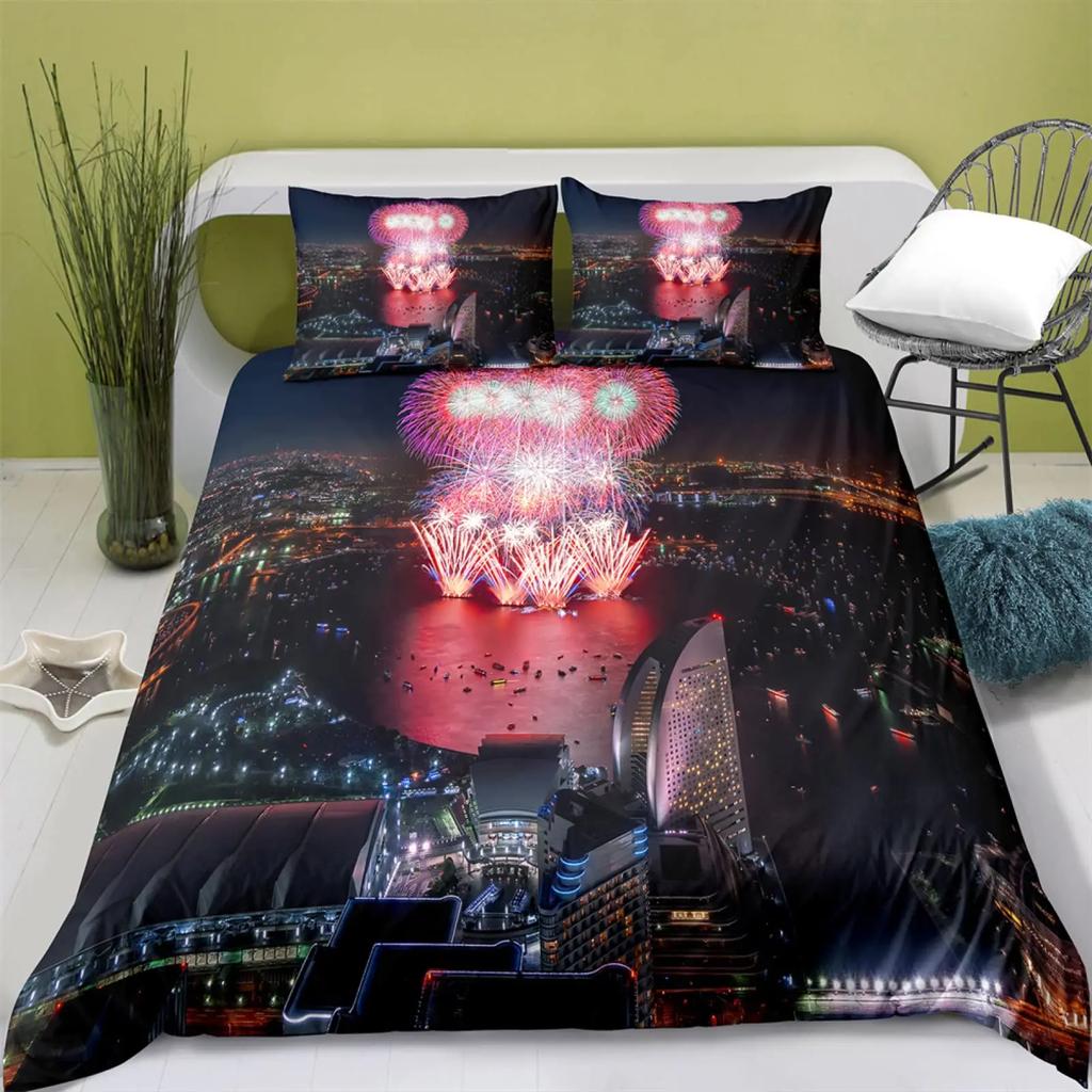 Fireworks Soft Durable Quality Duvet Cover Colourful Fires Celebrate Mery Christmas Theme Polyester for Children Tens Women for Bedrom Decoration
