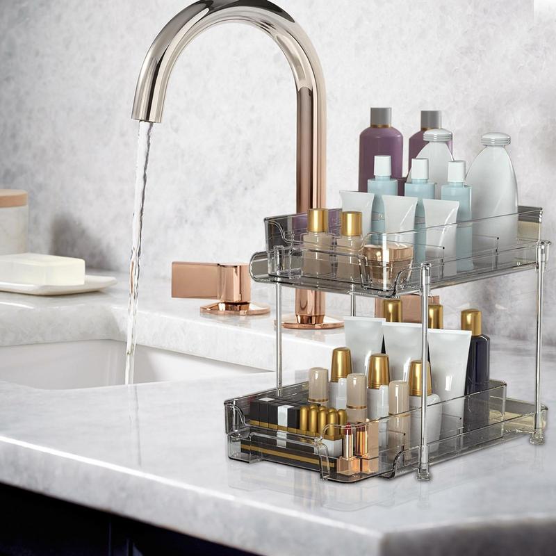Cabinet Pull Out Shelves Stackable Transparent Storage Rack For Cosmetics 2 Tier Clear Pantry Organization And Storage Bathroom