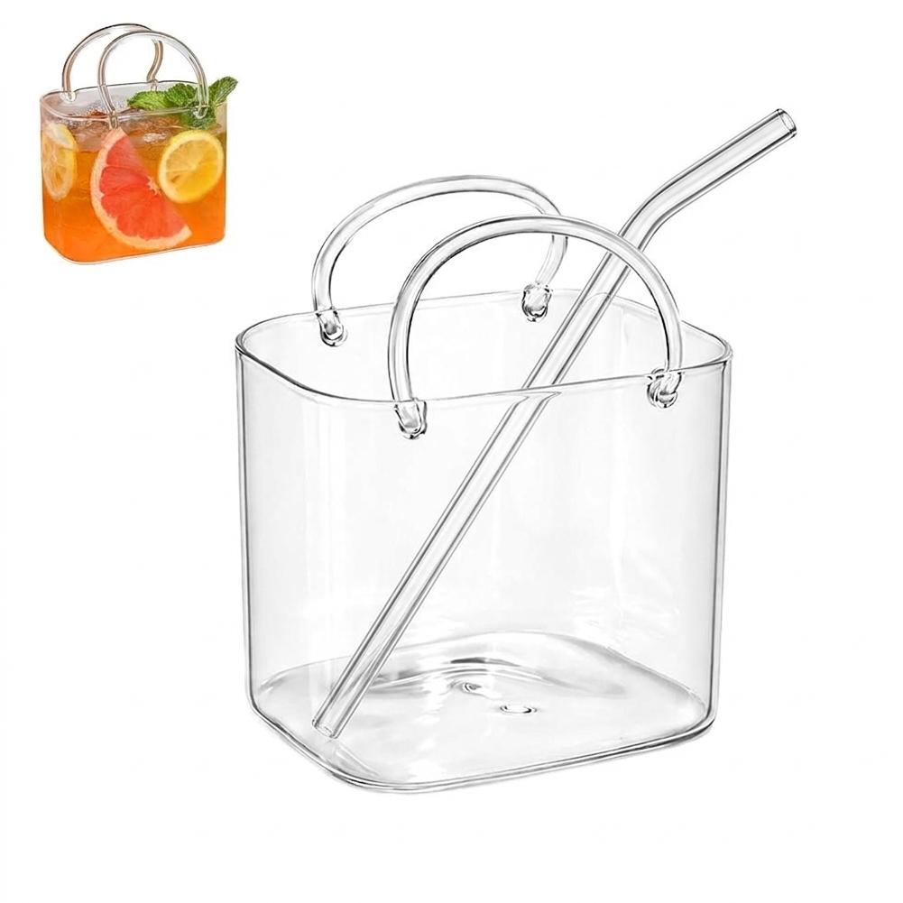 

Glass Drinkware Glass Purse with Straw Drinks Creative Handbag Shaped Cocktail Whiskey Glass Cups for Fruit Juice Tea Flowers 701-800ml