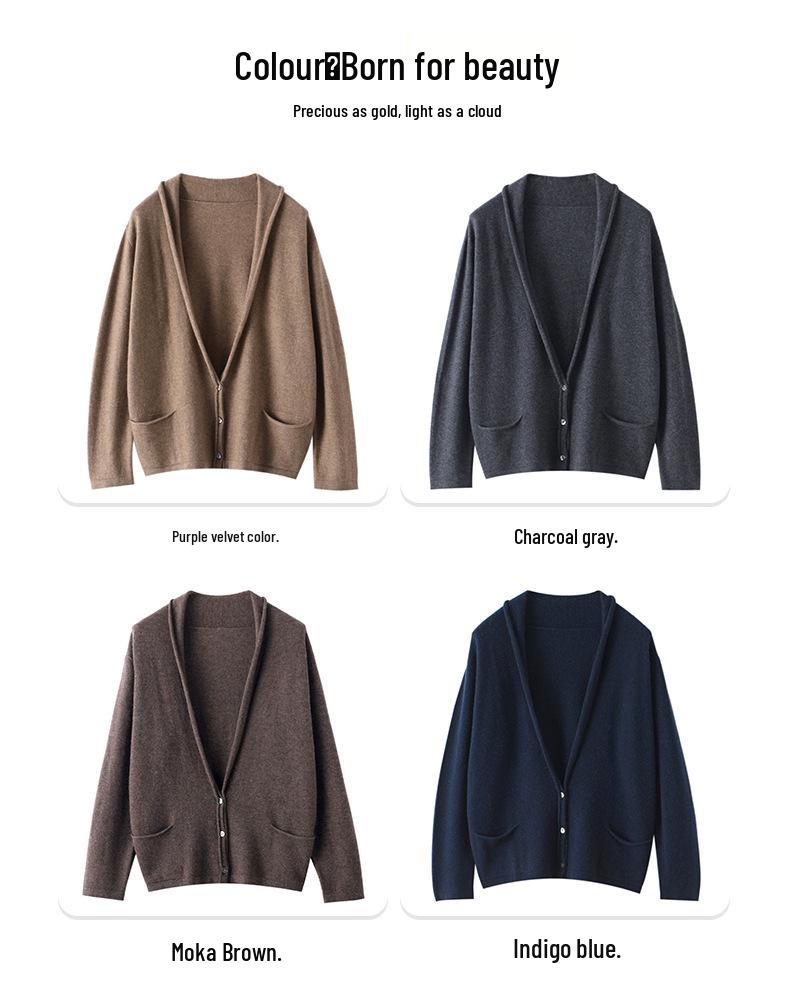 Le Kasha Women's 2026 V-neck Cashmere Cardigan - Korean Style, Autumn/Winter, Loose Fit, Buttoned Coat