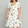 Women Plus Size Two Piece Floral Printed Set Short Sleeve Tie Front Shrug Strappy Flared Dress