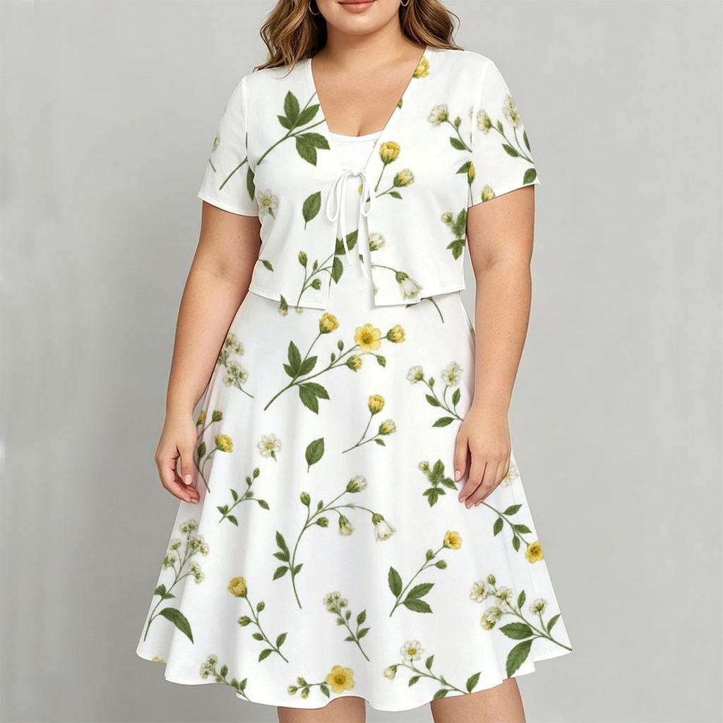 Women Plus Size Two Piece Floral Printed Set Short Sleeve Tie Front Shrug Strappy Flared Dress