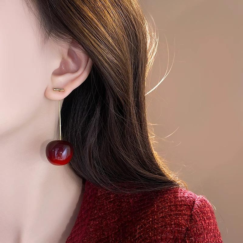 Red Big Cherry Long Earrings Light Luxury Niche Design High-end Temperament Earrings Autumn and Winter Explosion Simple Stud Ear