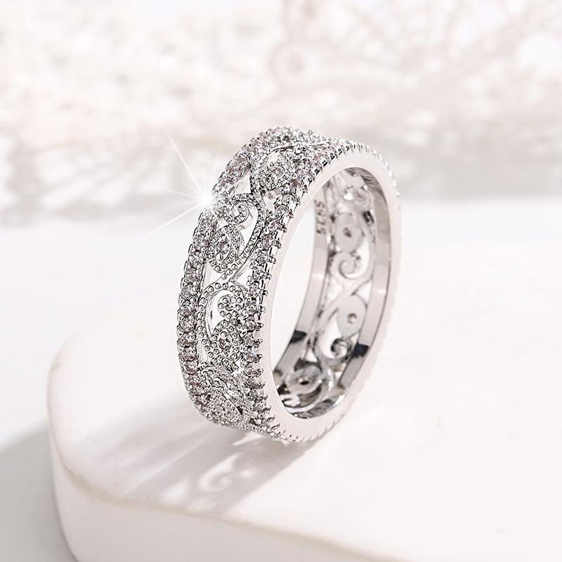 

Luxurious Full Diamond Heavy Hollow Flower Micro Inlaid Zircon Ring Simple 925 Silver Plated Jewelry Wedding Party Gift 10