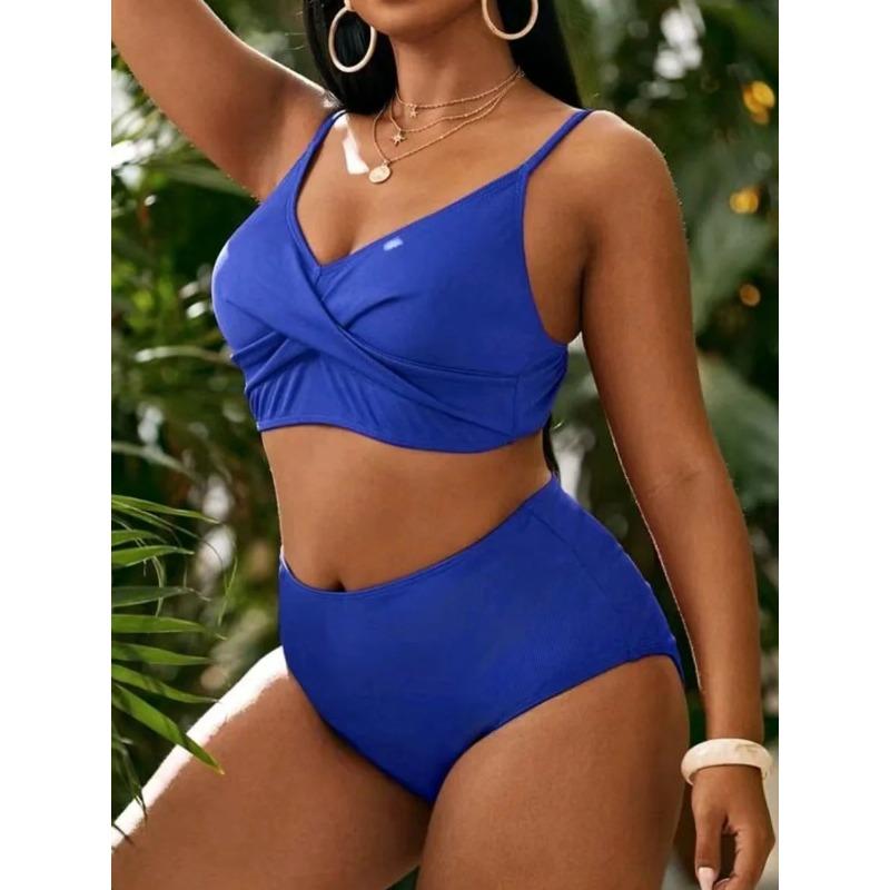 2025 Plus Large Size Bikini Set High Waist Swimwear Women Solid Swimsuit Female Beachwear Bathers Swimming Bathing Swim Suit