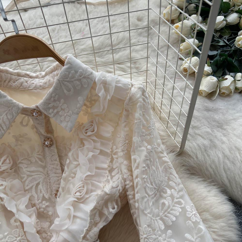 French Temperament Elegant High Sense Heavy Industry Embroidery Mesh Dress Women's Autumn Strap Waist Single Breasted Long Dress