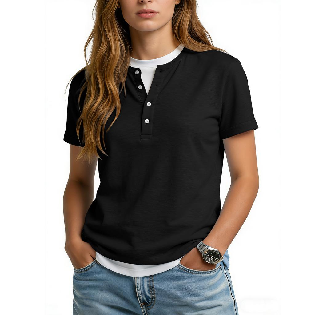 Women's Casual Color V,neck Short,sleeved T,shirt With Decorative Buttons.