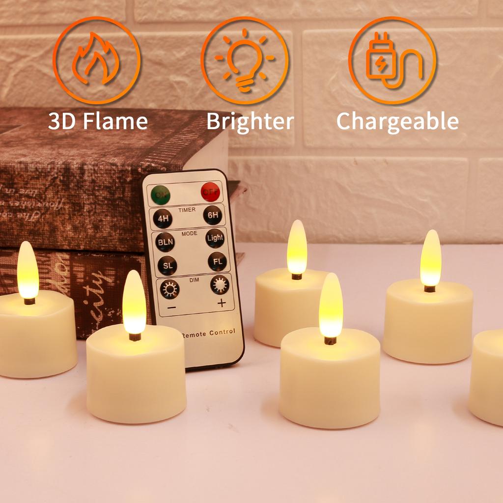 6Pcs Rechargeable Flickering Candles Flameless LED Tea Light Christmas Candles 1D Wick Battery Operated Electronic Candle Lamp