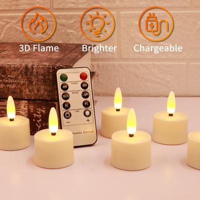 6 Stück wiederaufladbare flackernde Kerzen, flammlose LED-Teelichter, Weihnachtskerzen, 3D-Docht, batteriebetrieben, elektronische Kerzenlampe