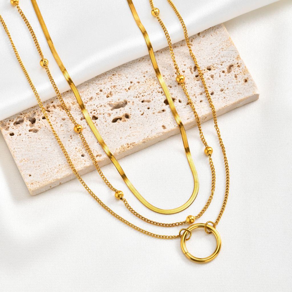 Stainless Steel Eternity Circle Pendant Triple Layer Chain Necklace for Women Architectural Necklace Waterproof Jewelry