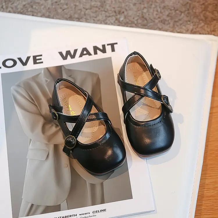 Girls' Solid Color Leather Shoes 2024 Spring New Korean Style Student Soft Sole Moccasin Shoes Solid Color Round-toe Flats Cross