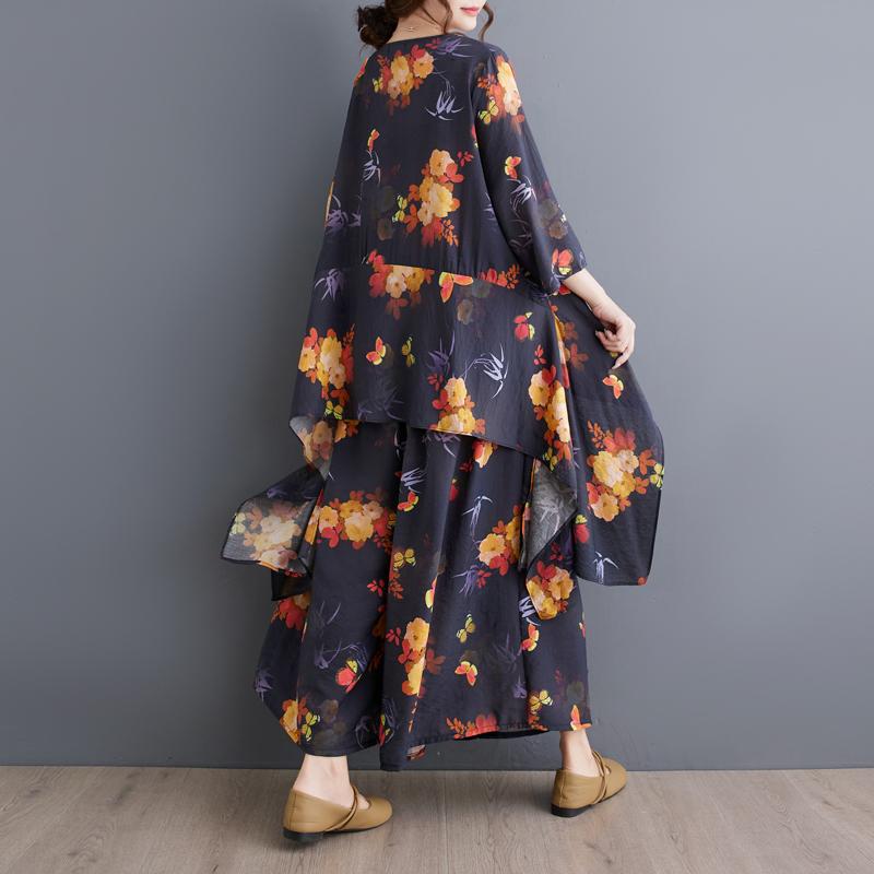 Dimanaf Plus Size Two Piece Set Suit Women Clothing Vinatge Print Elegant Lady Tops Linen Loose Pants Female Suit Summer