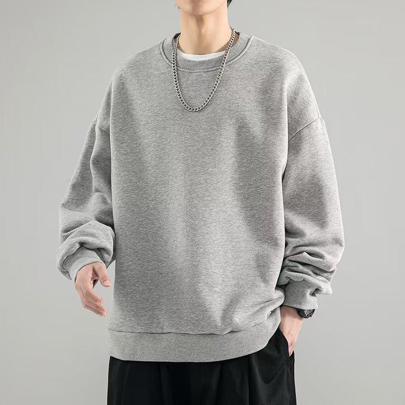 Men's 320g Heavyweight Round Neck Loose Pullover Hoodie - Autumn Long Sleeve Solid Color Outerwear.