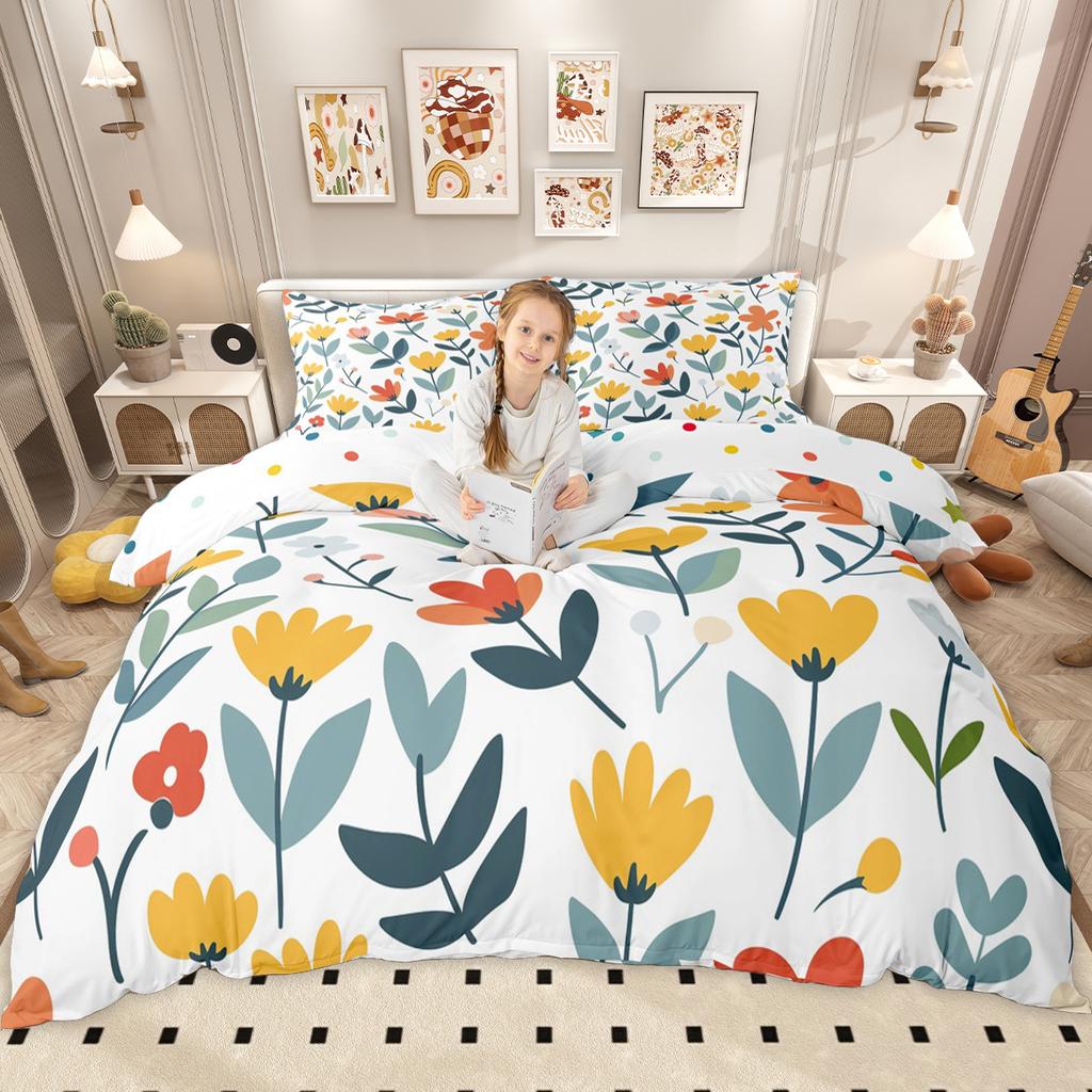 Homewish Cute Groovy Floral Duvet Cover Set for Girls, Vintage Butterfly Flower Bedding Set, Cartoon Blossom Comforter Cover Set