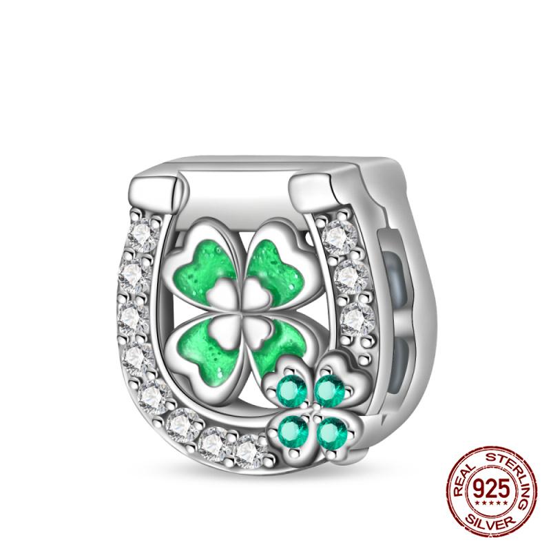 Original 100% 925 Silver Lucky Clover Patron Saint Flat Bead Fit Original Flat Bracelet DIY Jewelry Making Women's Gift