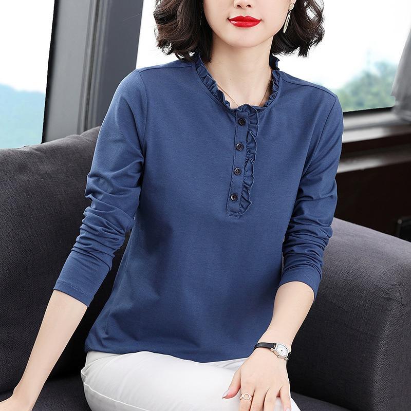 Long-sleeved Tops for Spring and Autumn Women's Fungus Collar Middle-aged Loose Large Size Stand-up Collar New Style Bottoming Shirt