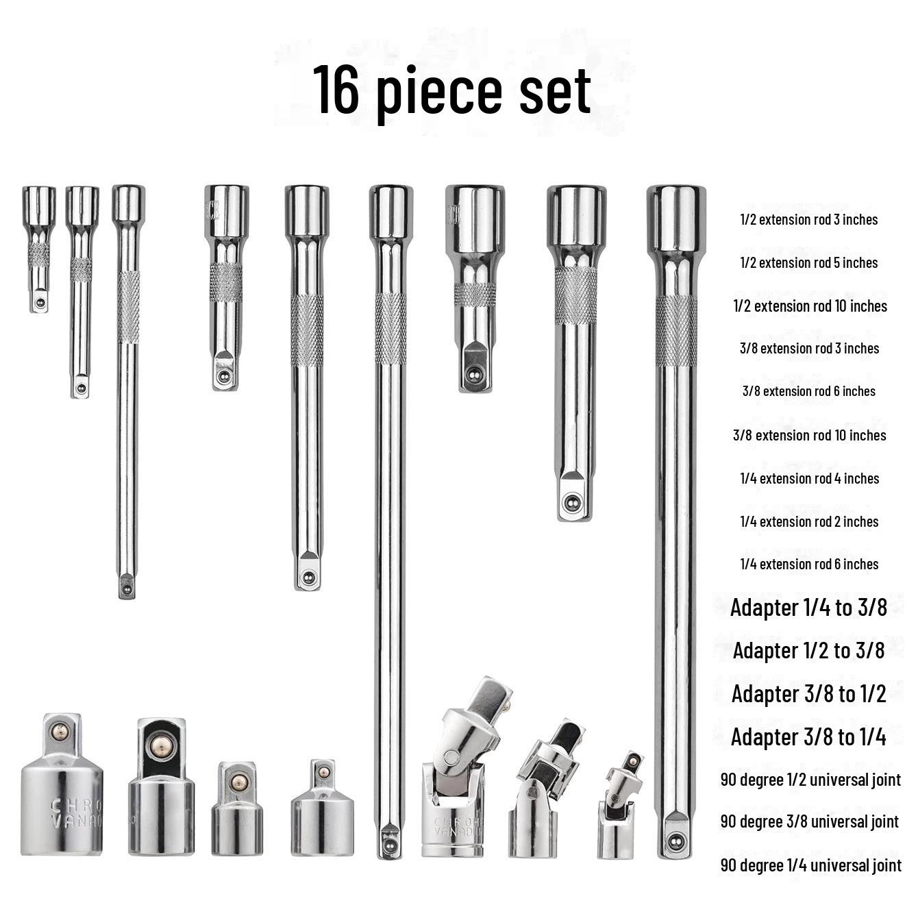 

Набор удлинителей: 3/8 Большой, Средний, Маленький; Трещотка 1/2 ; Короткий стержень 1/4 16-piece set