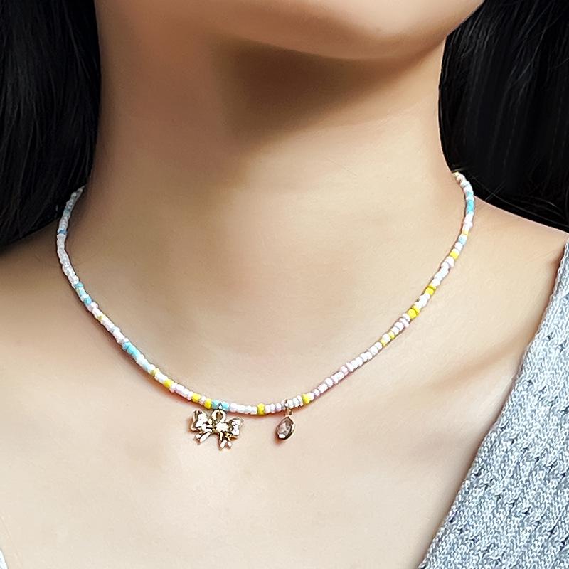 

Японское и корейское мультяшное ожерелье из жемчуга с бусинами - Милая цепочка на ключицу с цветком