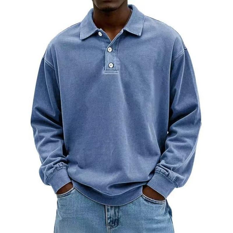 Mens Washed Long Sleeve Polo Shirt Casual Spread Collar Solid Color Loose Fit Pullover Top