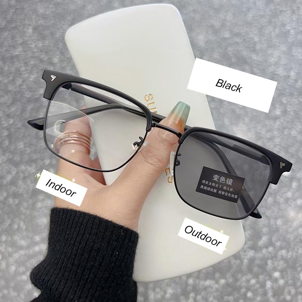 Photochromic Anti Radiation Blue Light Eyeglasses Square Metal Frame Computer Glasses For Women Men Replaceable Lens