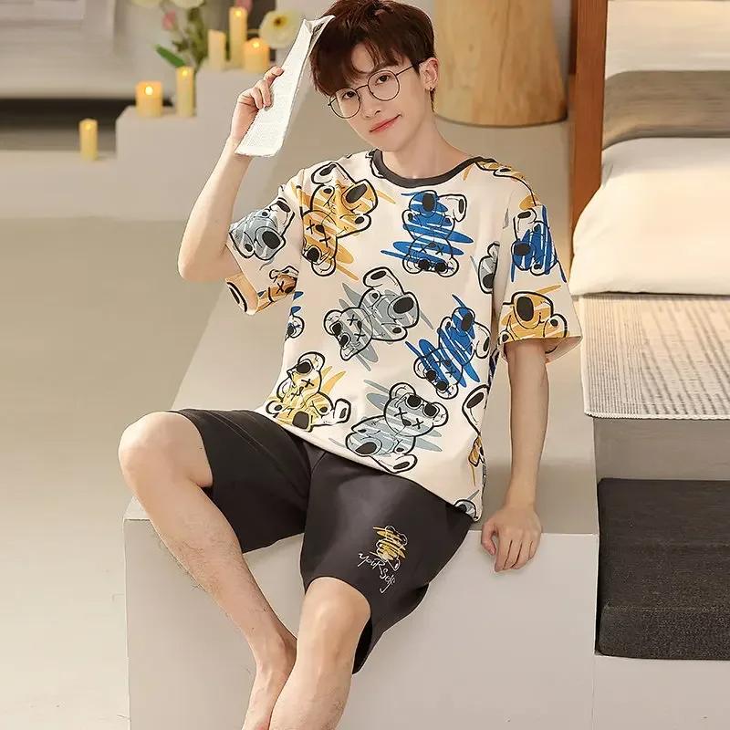 Summer Cartoon Mens Pajamas Set Short Tops Shorts Pijamas Cotton Men Sleepwear Fashion Loose Pyjamas Homewear