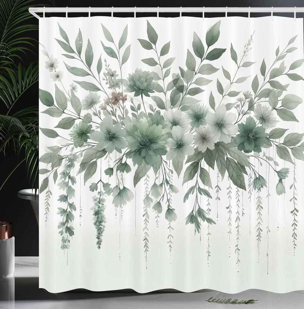 Sage Green Shower Curtain, Hexagon Honeycomb Pattern with Abstract Trippy Ornaments Jade Tones, Cloth Fabric Bathroom Decor Set