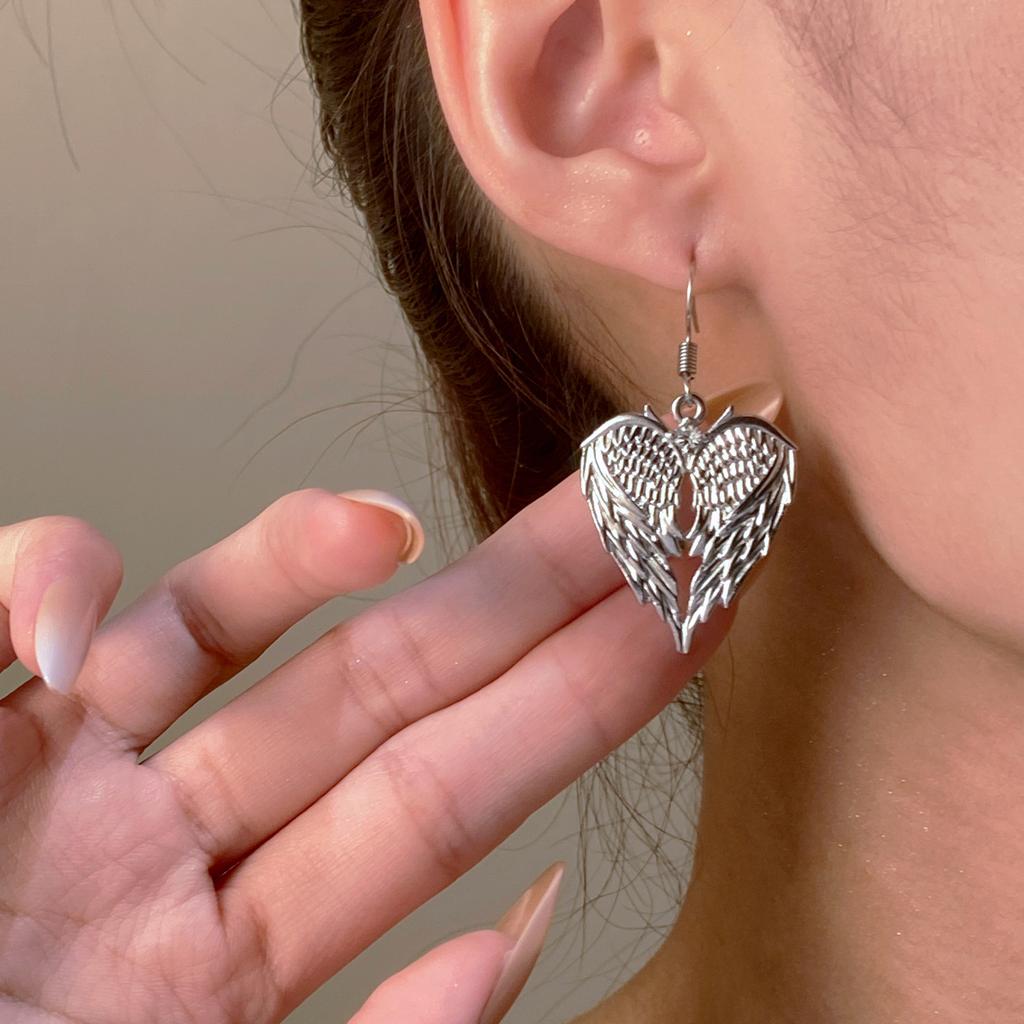 Fashion Retro Inlay Zircon Ancient Silver Feather Texture Angel Devil Wing Pendant Dangle Earrings for Women Gothic Punk Jewelry