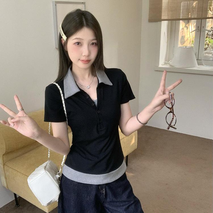2026 new fake two-piece contrasting color POLO shirt slim and thin Korean design sense niche short-sleeved top women's T-shirt