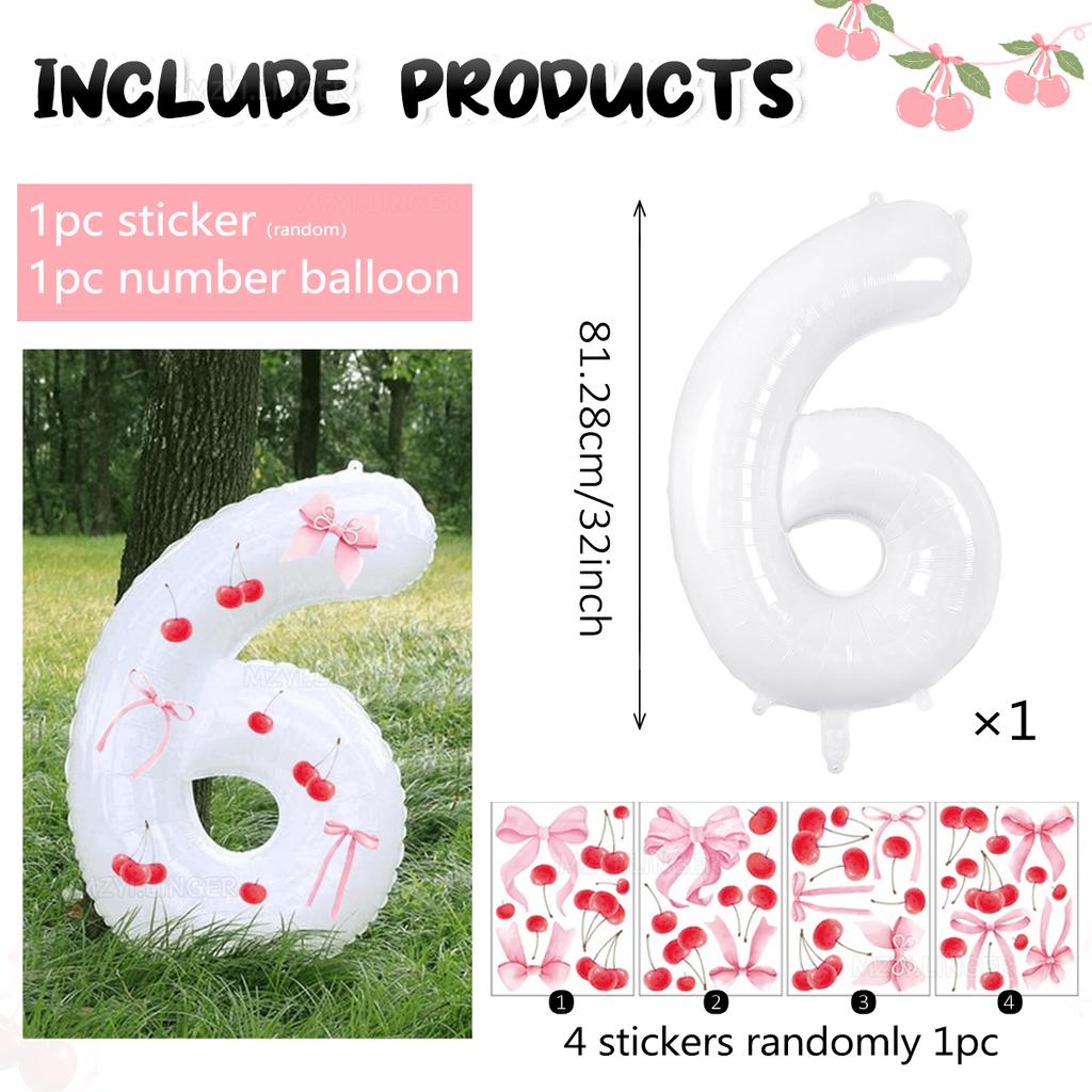 Palloncino digitale bianco da 32 pollici decorato con adesivi di ciliegie e adesivi con fiocchi per feste di compleanno e anniversari