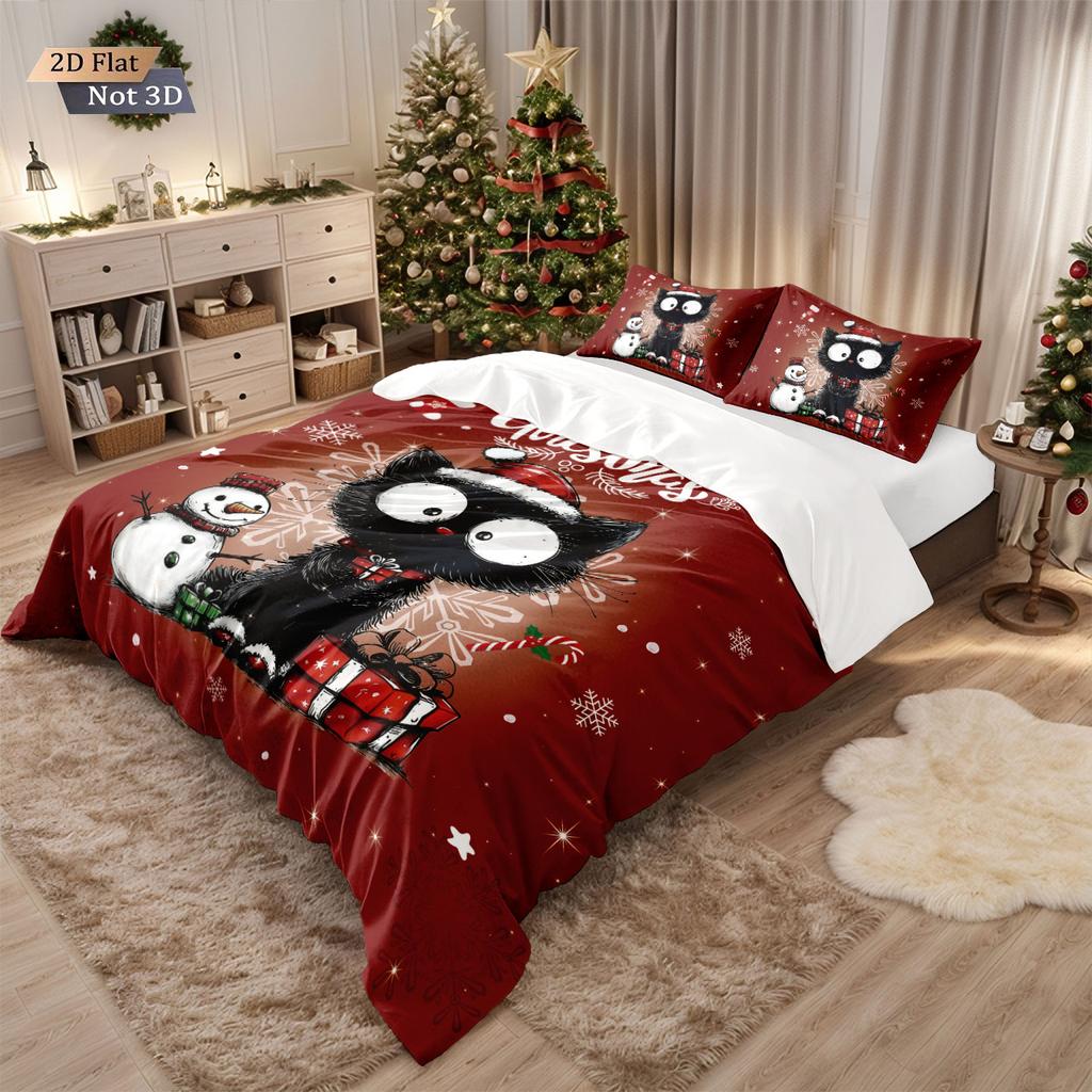 3pcs Christmas Cute Black Cat Print Choreless Bedding Set Multiple Size Bedroom Bedding Holiday Decoration Machine Washable