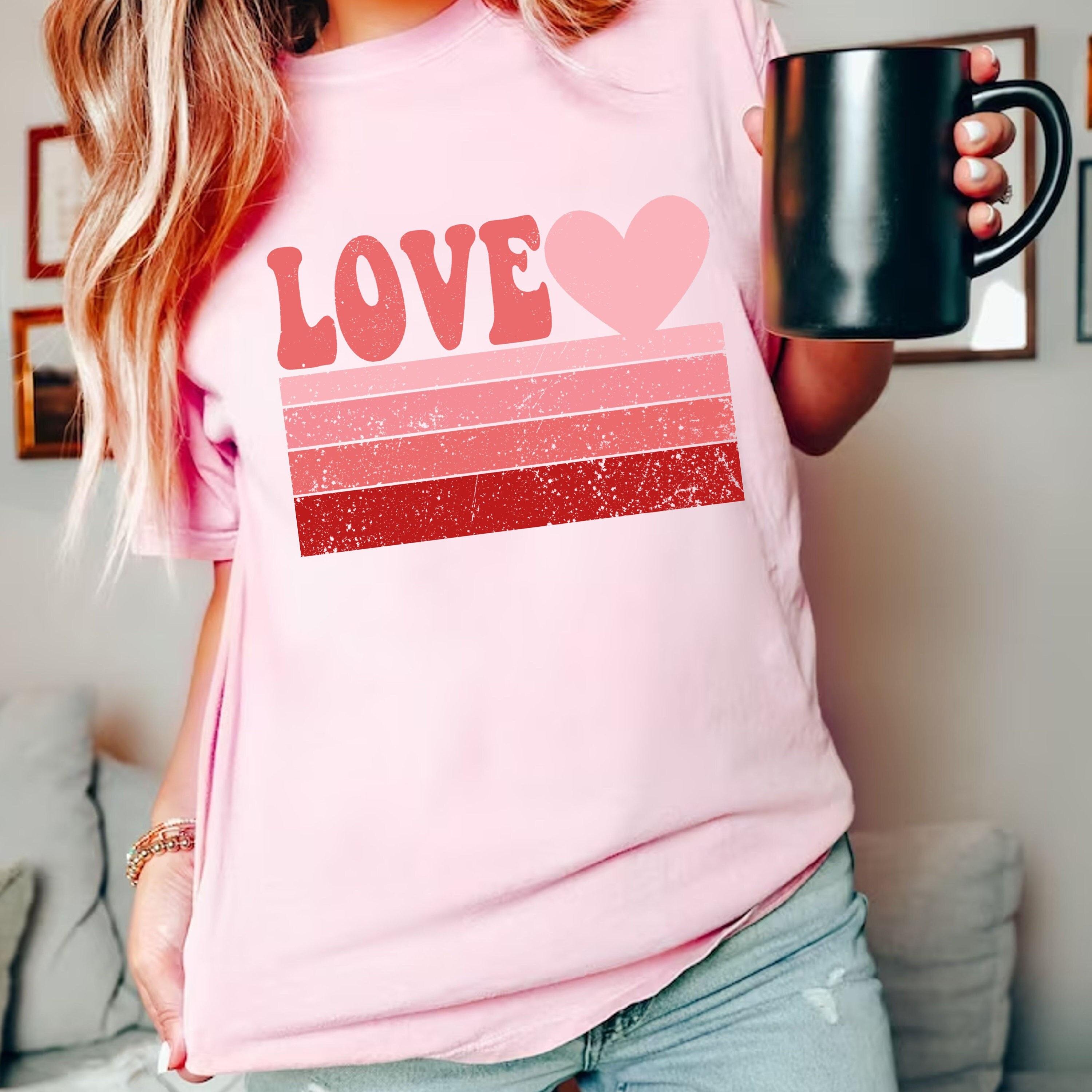 Retro Love Valentine Women T Shirt Heart Love Cotton Tops S розовый