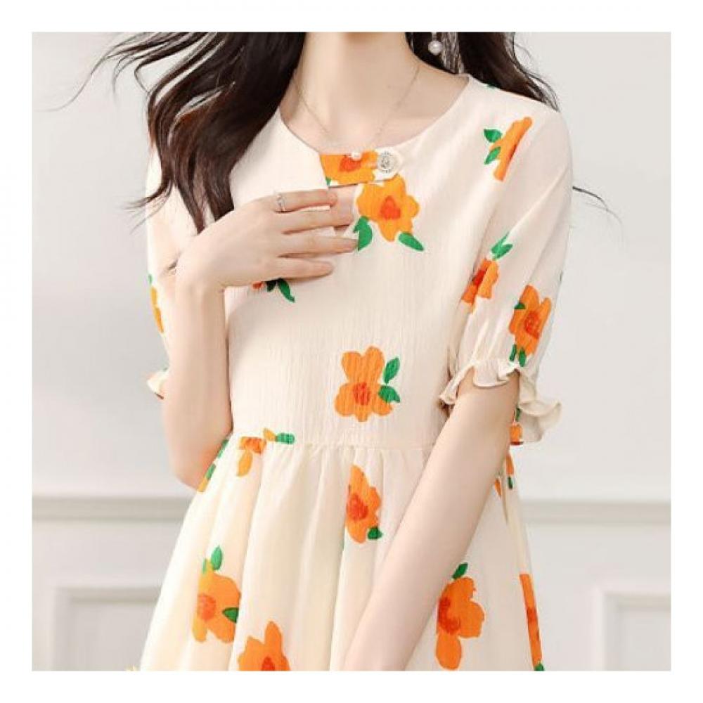 Navava Women Flower Printing Shirring Short Sleeve Dress No372