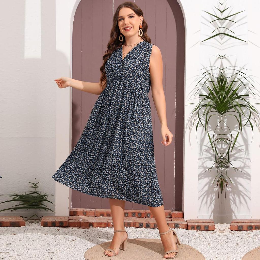 Plus Size Women's Floral V-Neck Loose Sleeveless Large Swing Simple Print Dress Blue XL-5XL