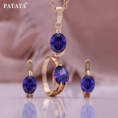 Rose Gold Color Purple Artificial Zircon Earring Ring Pendant Necklace Subtlety Set