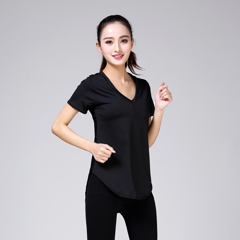 Korean Lace Yoga T-Shirt: Quick-Dry, V-Neck, Short Sleeves for Women