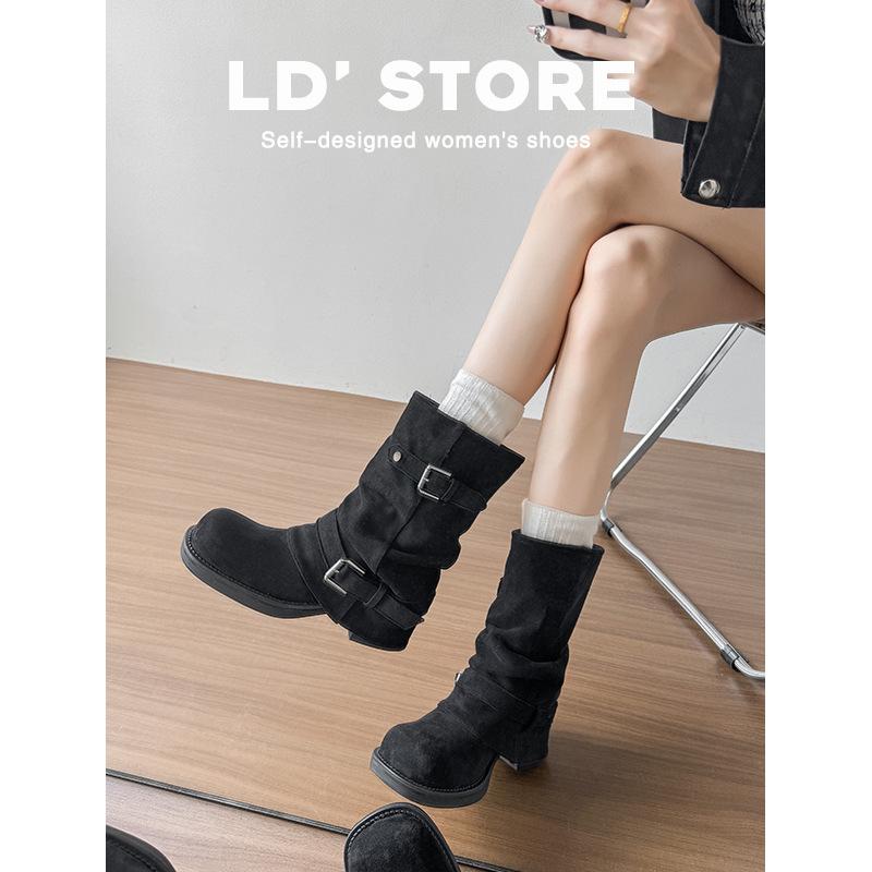 Keep it for yourself~ Thick-soled western cowboy pleated piled boots women's autumn and winter retro knight Martin boots thick heel trouser tube shor