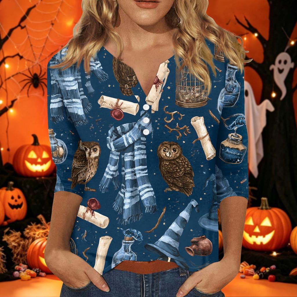 Women's Halloween Print V-Neck 3/4 Sleeve T-Shirt with Decorative Buttons Casual Top